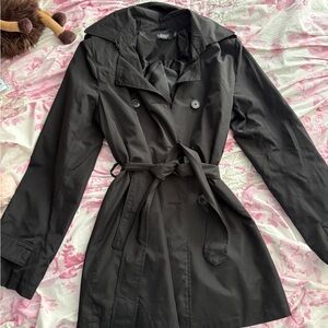 Ralph Lauren Black Trench Coat with Belt and Classic Collar